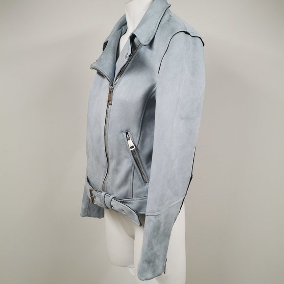 EUC H&M Suede Sky Blue Jacket Size 8 Moto Style Medium - Picture 3 of 6